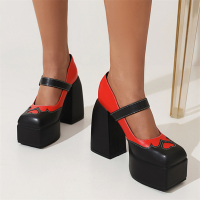 Red Mary Janes Chunky High Heels Platform Heart Shape Buckle Heels
