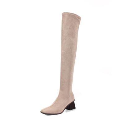 Khaki Suede Middle Heel Almond Toe Elastic Thigh High Boots