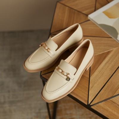 Beige Leather Gold Buckle Round Toe Flats Loafer Spring Shoes