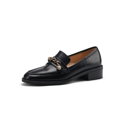 Black Leather Gold Buckle Round Toe Flats Loafer Spring Shoes