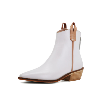 White Cowgirl Ankle Boots Minimalist  Wooden Chunky Heel Leather Western Boots