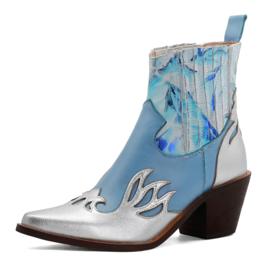 Blue Cowgirl Ankle Boots Pointed Toe Leather Western Boot Mid Heels