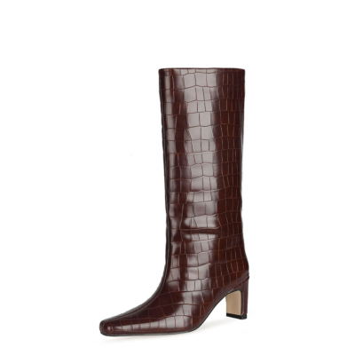 Maroon Croc Print Wide Calf Tall Booties Square Toe Low Heel Knee High Boots for Women