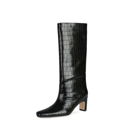 Black Fall Croc Print Wide Calf Tall Booties Square Toe Low Heel Knee High Boots for Women