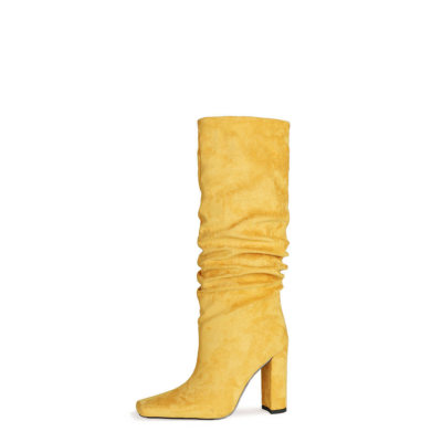 Yellow Slouch Boots Chunky Heeled Pull On Knee High Boots