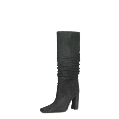 Black Slouch Boots Chunky Heeled Pull On Knee High Boots