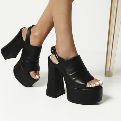 Black Fashion Striped Open Toe Platform Chunky Heel Sandals with Buckle Slingback