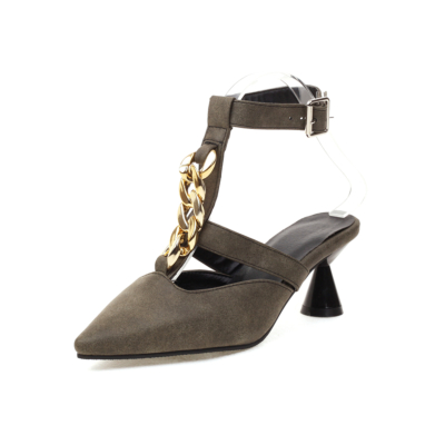Grey Chunky Chain Cone Heeled Sandals Ankle Strap Buckle Low Heels