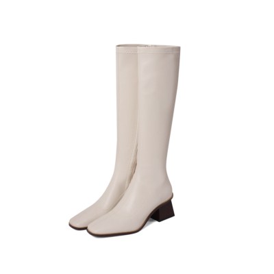White Fashion Chunky Heel Zipper Women's Knee High Boots