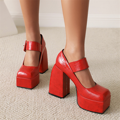 Red Chunky Platform Mary Janes Croc Prints Buckle Heels For Women