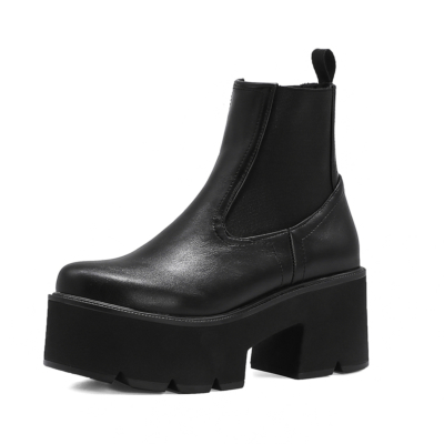 Black Chunky Heel Stretch Pull On Platform Ankle Boots