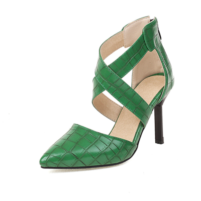 Green Croc Print Stiletto Heels Cross Strap Pointy Toe Sandals With Zipper