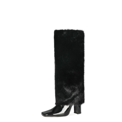 Black Furry Pull On Knee High Boots Block Heel Long Booties