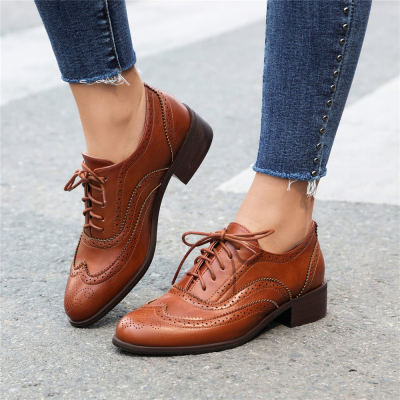 Coffee Lace Up Wintip Oxford Loafers Flats Women's Comfort Shoes