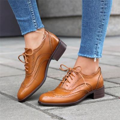 Brown Lace Up Wintip Oxford Loafers Flats Women's Comfort Shoes