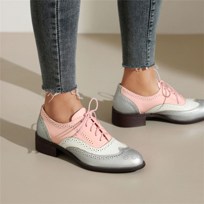 Pink&Silver Lace Up Wintip Oxford Loafers Flats Women's Comfort Shoes