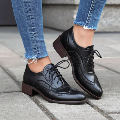 Black Lace Up Wintip Oxford Loafers Flats Women's Comfort Shoes