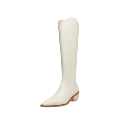 White Fashion Low Heel Cowboy Boots Knee High Boots