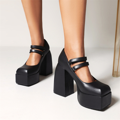 Black Platform Mary Janes Chunky Heel Twin Straps Square Toe Shoes