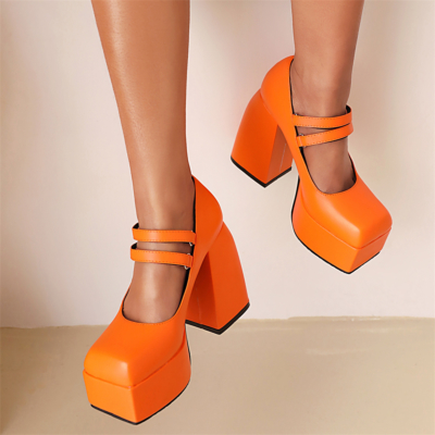 Orange Platform Mary Janes Chunky Heel Twin Straps Square Toe Y2K Shoes
