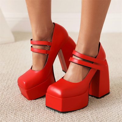 Fashion Platform Mary Janes Chunky Heel Twin Straps Square Toe Y2K Shoes