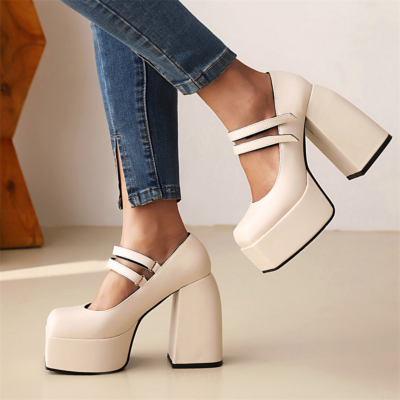 White Platform Mary Janes Chunky Heel Twin Straps Square Toe Shoes