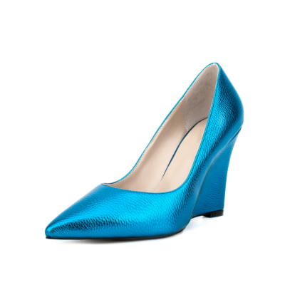 Fashion Metallic Blue Pointed Toe Wedge Heel Pumps