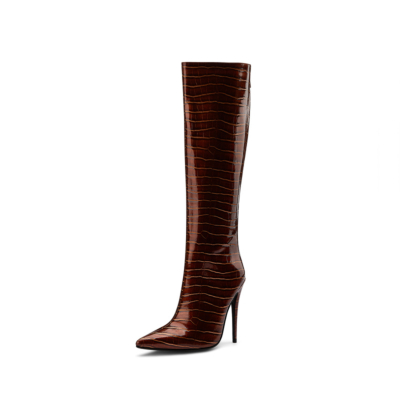 Brown Patent Leather Snake Effect Potined Toe Stiletto Knee High Boots for Winter