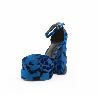 Blue Platform Chunky Sandal Velvet Flower Embossed Heels With Ankle Strap