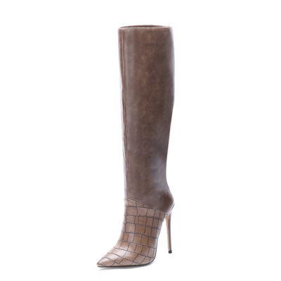 Brown Croc Embossed Boots Leather Pointed Toe Stilettos knee High Boots
