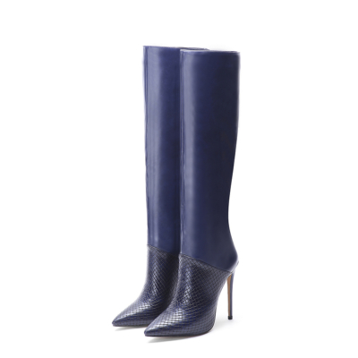 Blue Snake-Effect Boots Leather Pointy Toe Stilettos knee High Boots