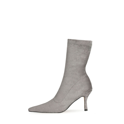 Grey Fashion Suede Elastic Sock Stiletto Ankle Boots Pointed Toe Heels