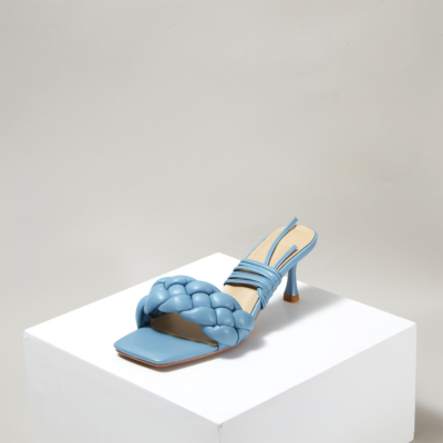 Blue Woven Spool Heel Mule Strappy Padded Sandals