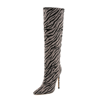 Grey Faux Fur Leopard Printed Stiletto Boots Glitter Pull-On Knee High Boots