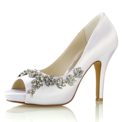 White Satin Peep Toe Wedding Shoes Rhinestone Flowers Stiletto Heel Platform Pumps