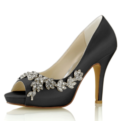 Black Satin Peep Toe Wedding Shoes Rhinestone Flowers Stiletto Heel Platform Pumps