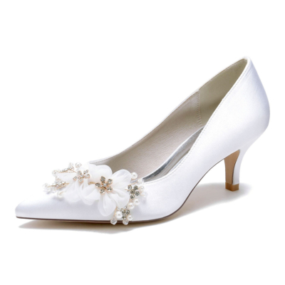 White Flower Bridesmaid Kitten Heels Pumps Satin Wedding Shoes