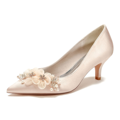 Champagne Flower Bridesmaid Kitten Heels Pumps Satin Wedding Shoes
