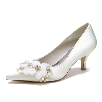 Beige Flower Bridesmaid Kitten Heels Pumps Satin Wedding Shoes