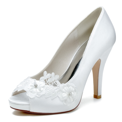 White Flower Embellished Satin Bridal Platform Pumps Block Heels With Peep Toe