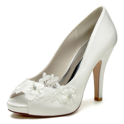 Beige Flower Embellished Satin Bridal Platform Pumps Block Heels With Peep Toe