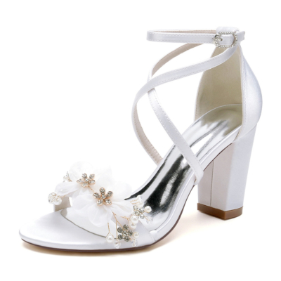 White Flower Embellished Satin Sandals Chunky Heels Criss Cross Strap Bridal Shoes