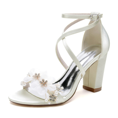 Beige Flower Embellished Satin Sandals Chunky Heels Criss Cross Strap Bridal Shoes