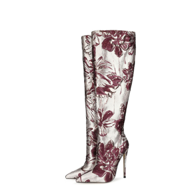 Burgundy Flower Embroidered Stiletto Boots Metallic Pointed Toe Knee High Boots