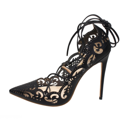 Black Flower Hollow Out Lace Up Stiletto Heels 5