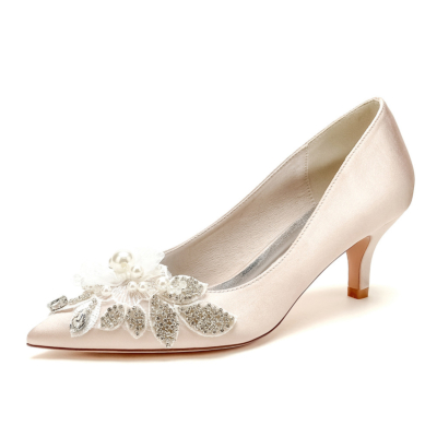 Champagne Flower Jeweled Pumps Kitten Heels Satin Bridesmaids Wedding Shoes