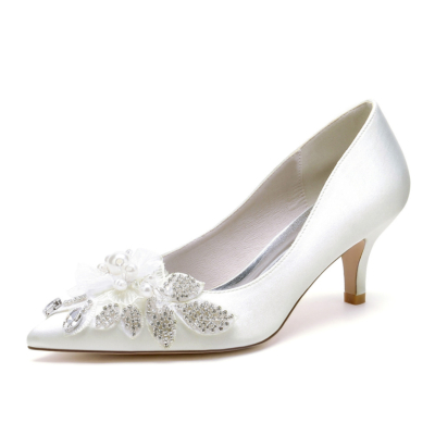 Beige Flower Jeweled Pumps Kitten Heels Satin Bridesmaids Wedding Shoes
