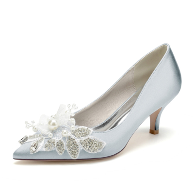 Grey Flower Jeweled Pumps Kitten Heels Satin Bridesmaids Wedding Shoes