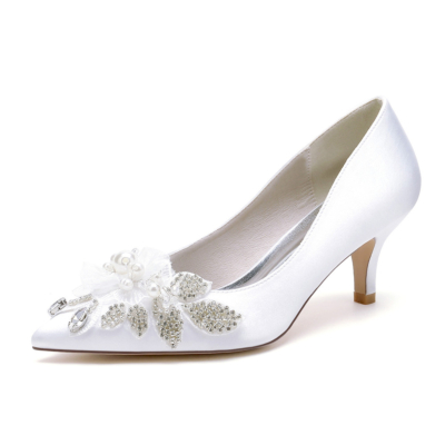 White Flower Jeweled Pumps Kitten Heels Satin Bridesmaids Wedding Shoes