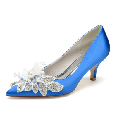 Royal Blue Flower Jeweled Pumps Kitten Heels Satin Bridesmaids Wedding Shoes
